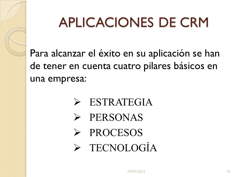 APLICACIONES DE CRM Para alcanzar el éxito en su aplicación se han de tener en cuenta cuatro pilares básicos en una empresa: