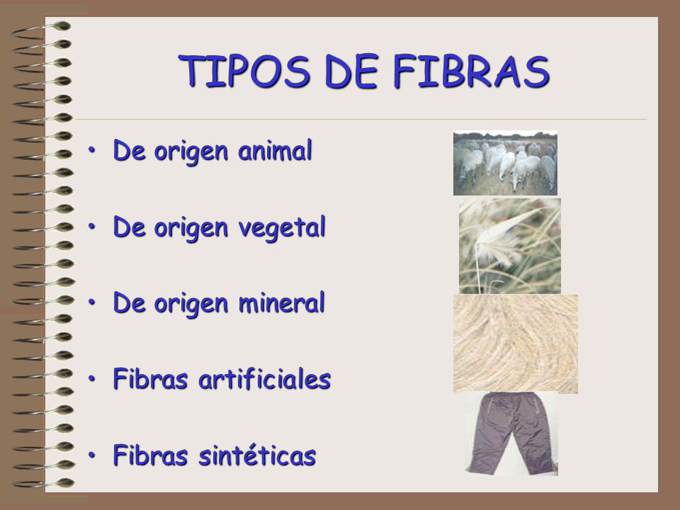 TIPOS DE FIBRAS De origen animal De origen vegetal De origen mineral