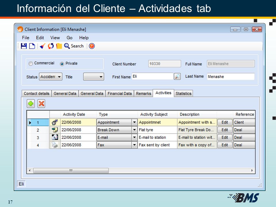 Información del Cliente – Actividades tab