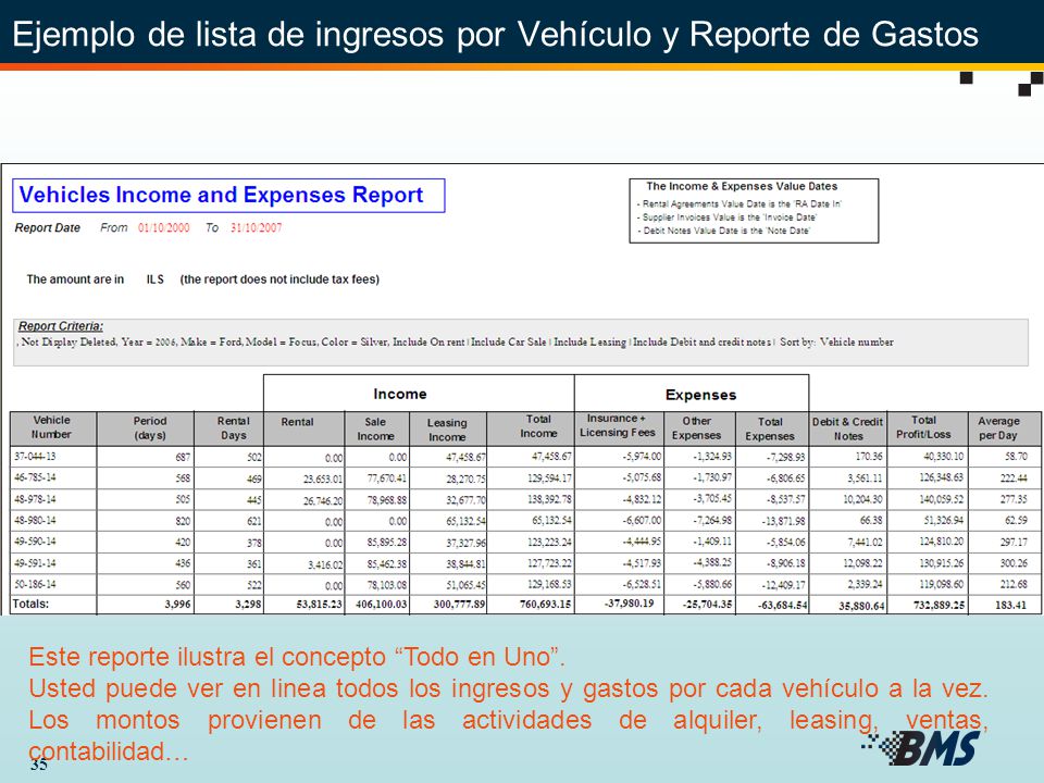 Ejemplo de lista de ingresos por Vehículo y Reporte de Gastos