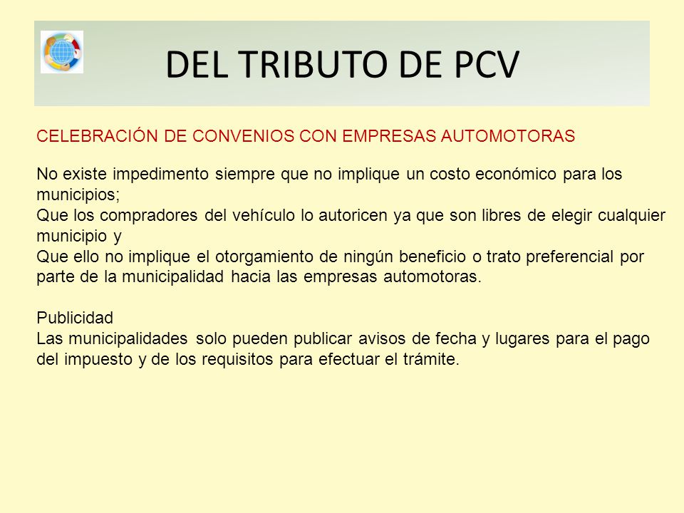 DEL TRIBUTO DE PCV CELEBRACIÓN DE CONVENIOS CON EMPRESAS AUTOMOTORAS