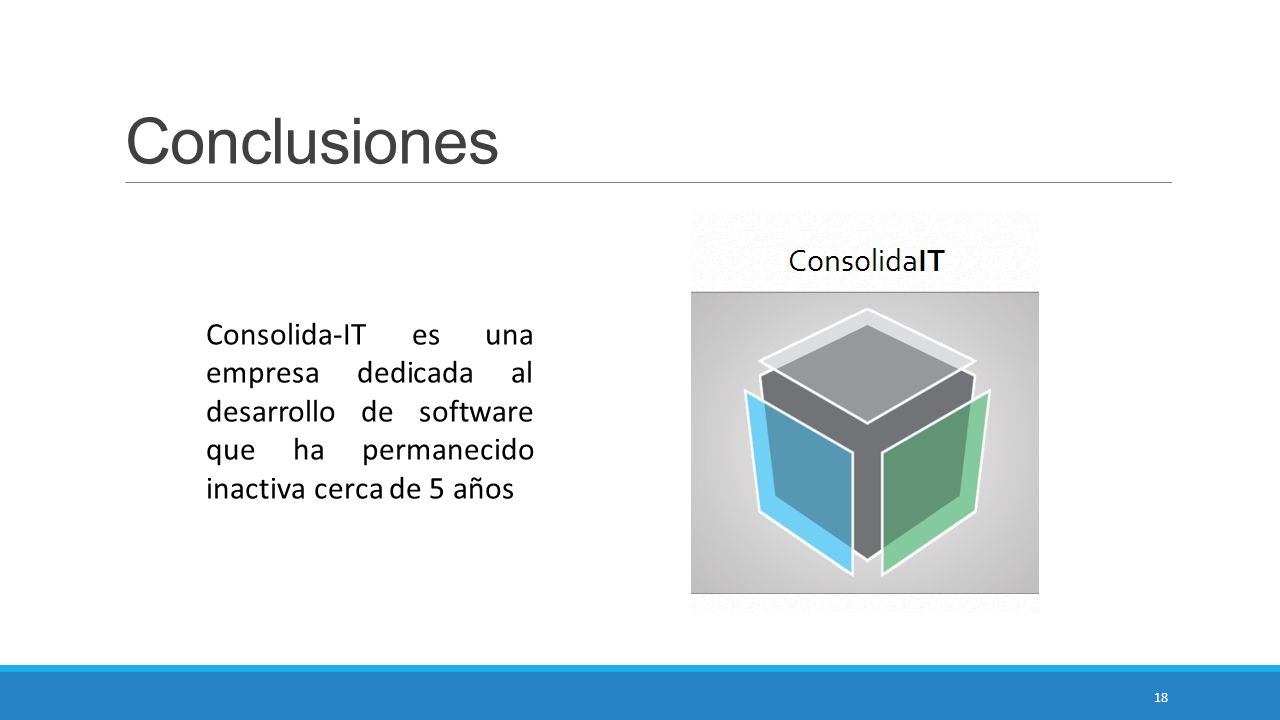 Conclusiones Consolida-IT es una empresa dedicada al desarrollo de software que ha permanecido inactiva cerca de 5 años.