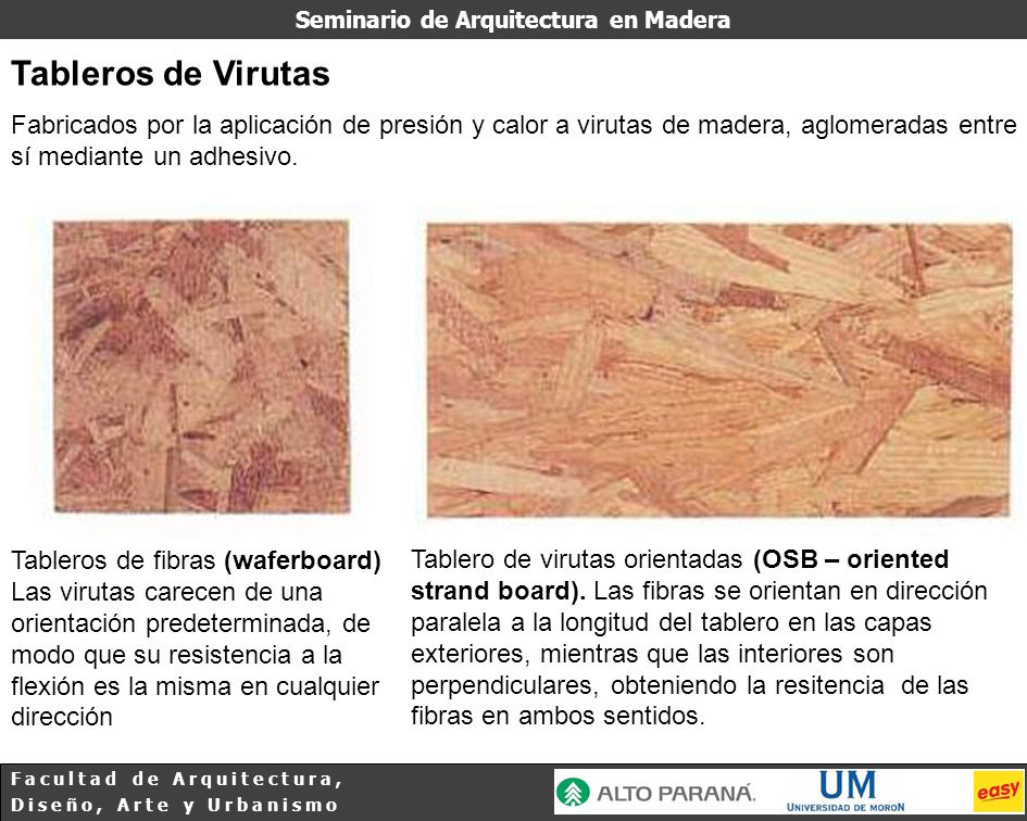 Tableros de Virutas Fabricados por la aplicación de presión y calor a virutas de madera, aglomeradas entre sí mediante un adhesivo.