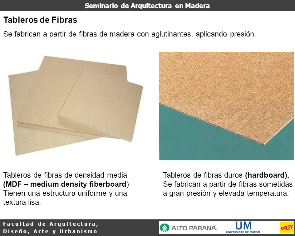 Tableros de Fibras Se fabrican a partir de fibras de madera con aglutinantes, aplicando presión.