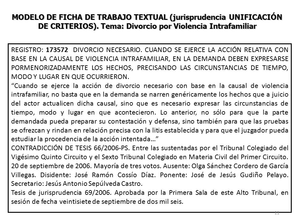MODELO DE FICHA DE TRABAJO TEXTUAL (jurisprudencia UNIFICACIÓN DE CRITERIOS). Tema: Divorcio por Violencia Intrafamiliar