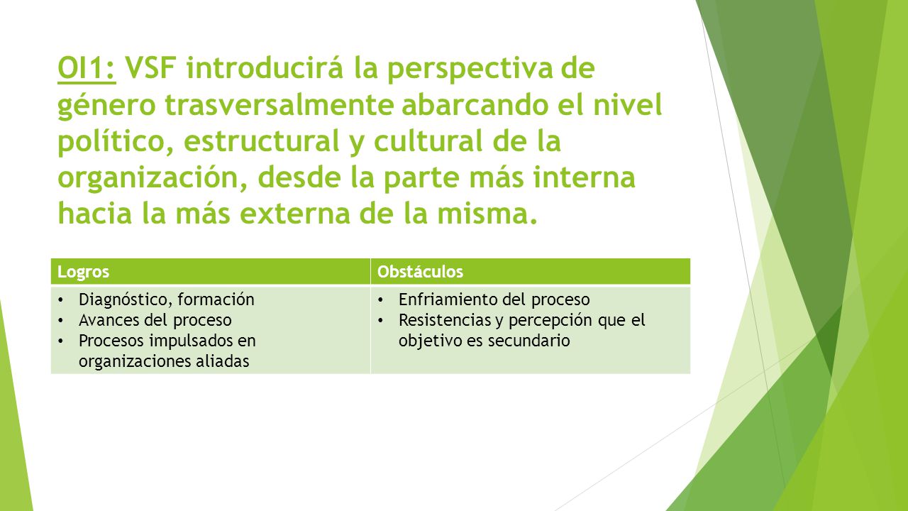 OI1: VSF introducirá la perspectiva de género trasversalmente abarcando el nivel político, estructural y cultural de la organización, desde la parte más interna hacia la más externa de la misma.