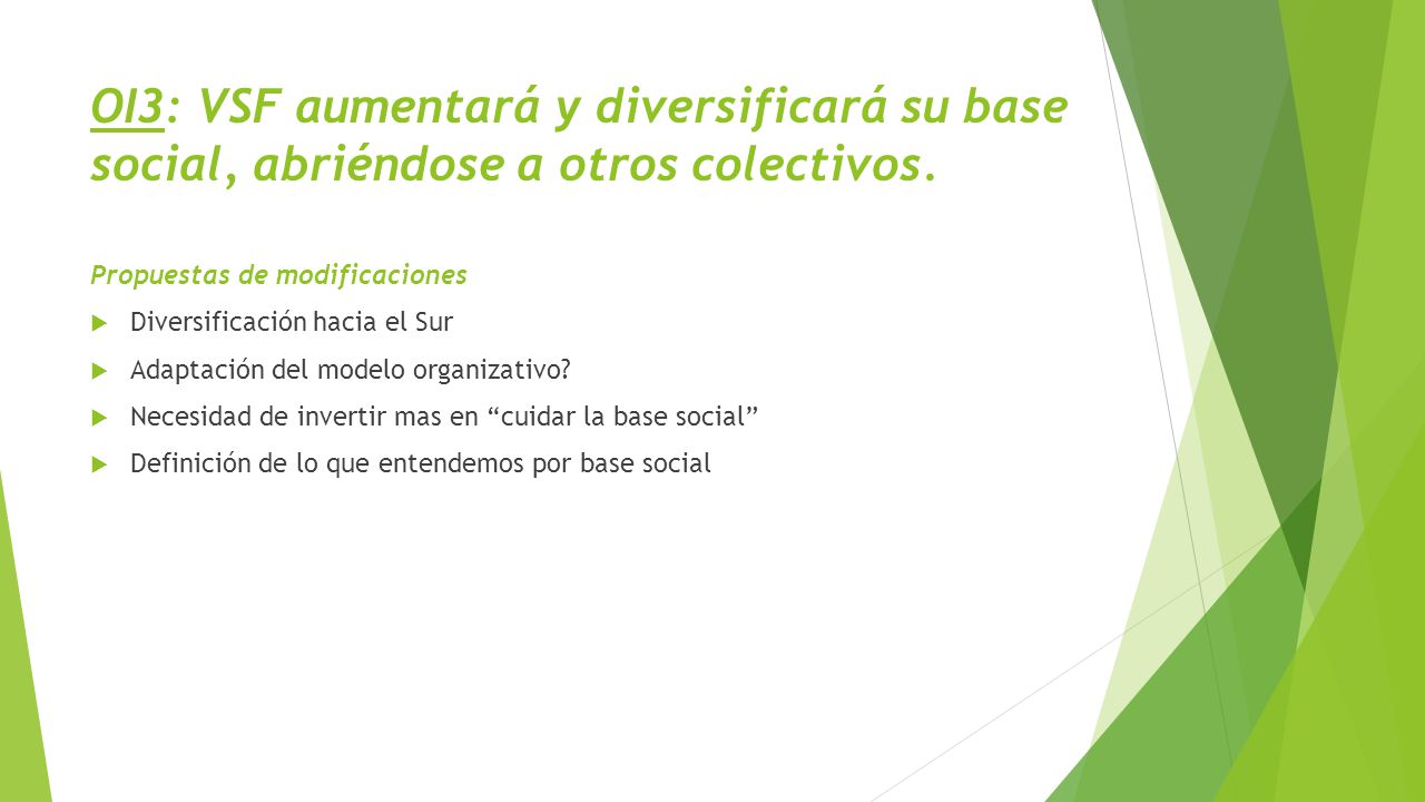 OI3: VSF aumentará y diversificará su base social, abriéndose a otros colectivos.