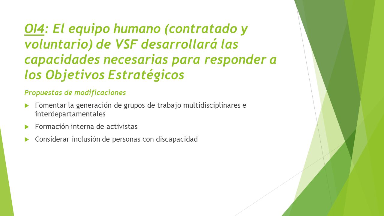 OI4: El equipo humano (contratado y voluntario) de VSF desarrollará las capacidades necesarias para responder a los Objetivos Estratégicos