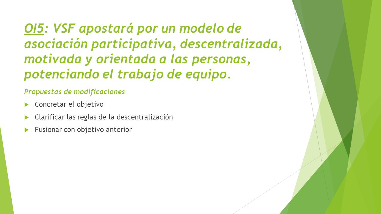 OI5: VSF apostará por un modelo de asociación participativa, descentralizada, motivada y orientada a las personas, potenciando el trabajo de equipo.