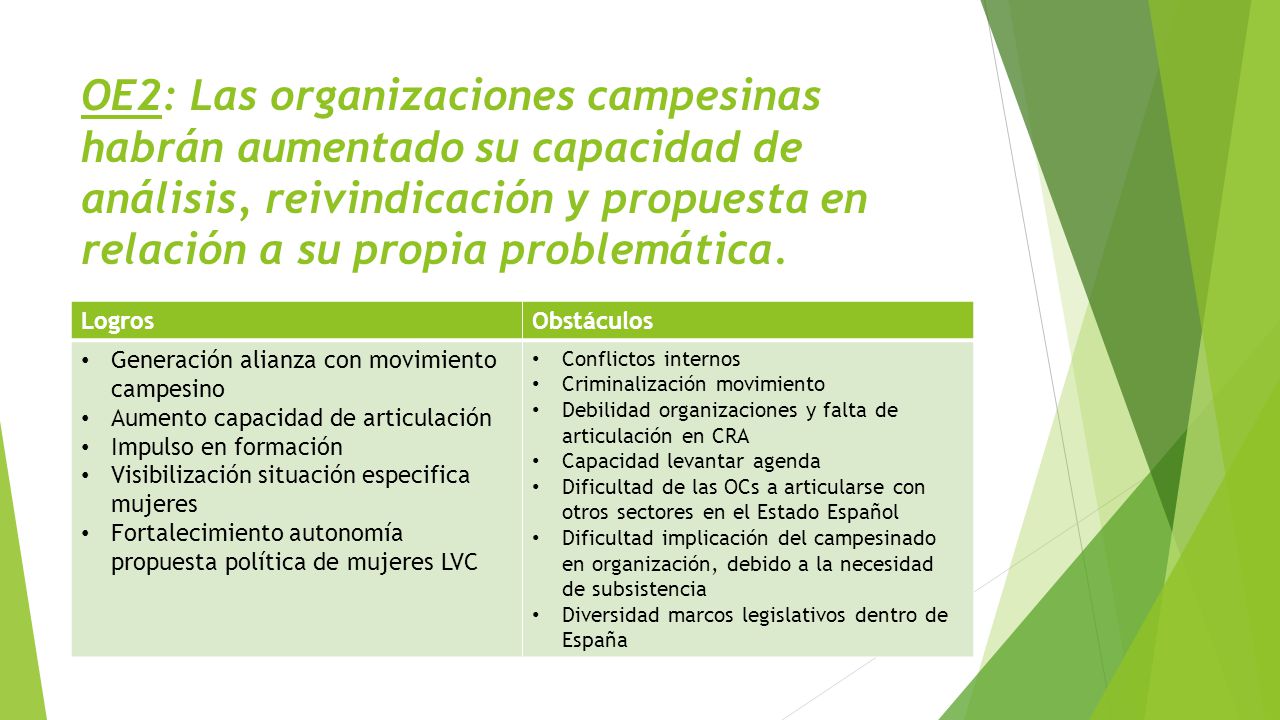 OE2: Las organizaciones campesinas habrán aumentado su capacidad de análisis, reivindicación y propuesta en relación a su propia problemática.