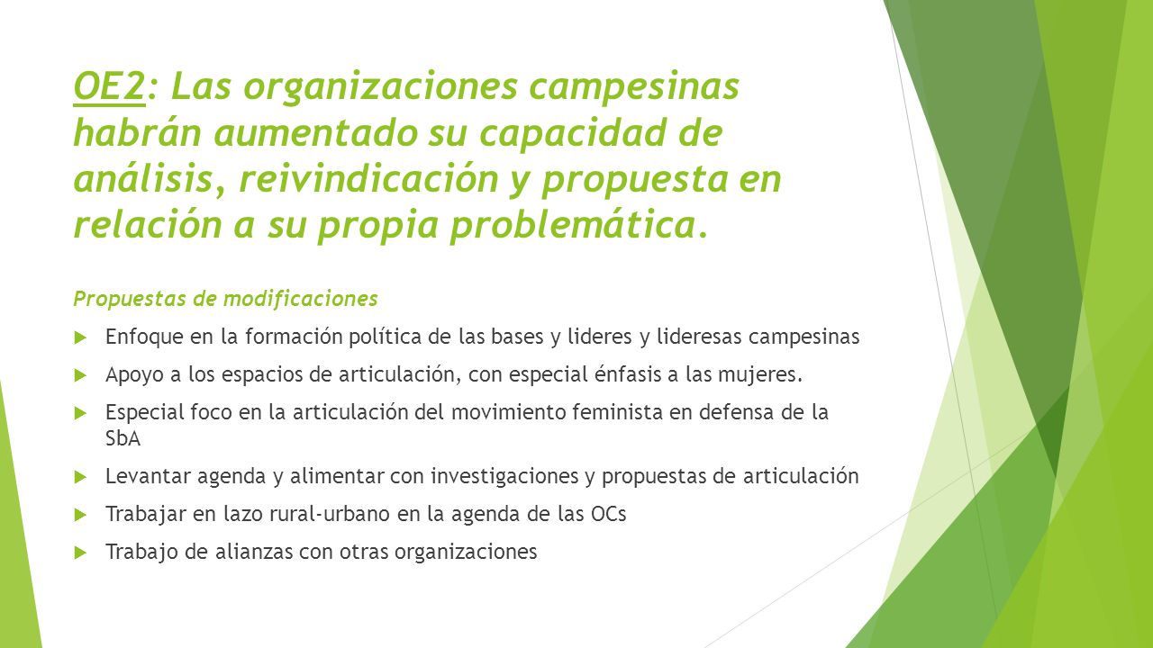 OE2: Las organizaciones campesinas habrán aumentado su capacidad de análisis, reivindicación y propuesta en relación a su propia problemática.
