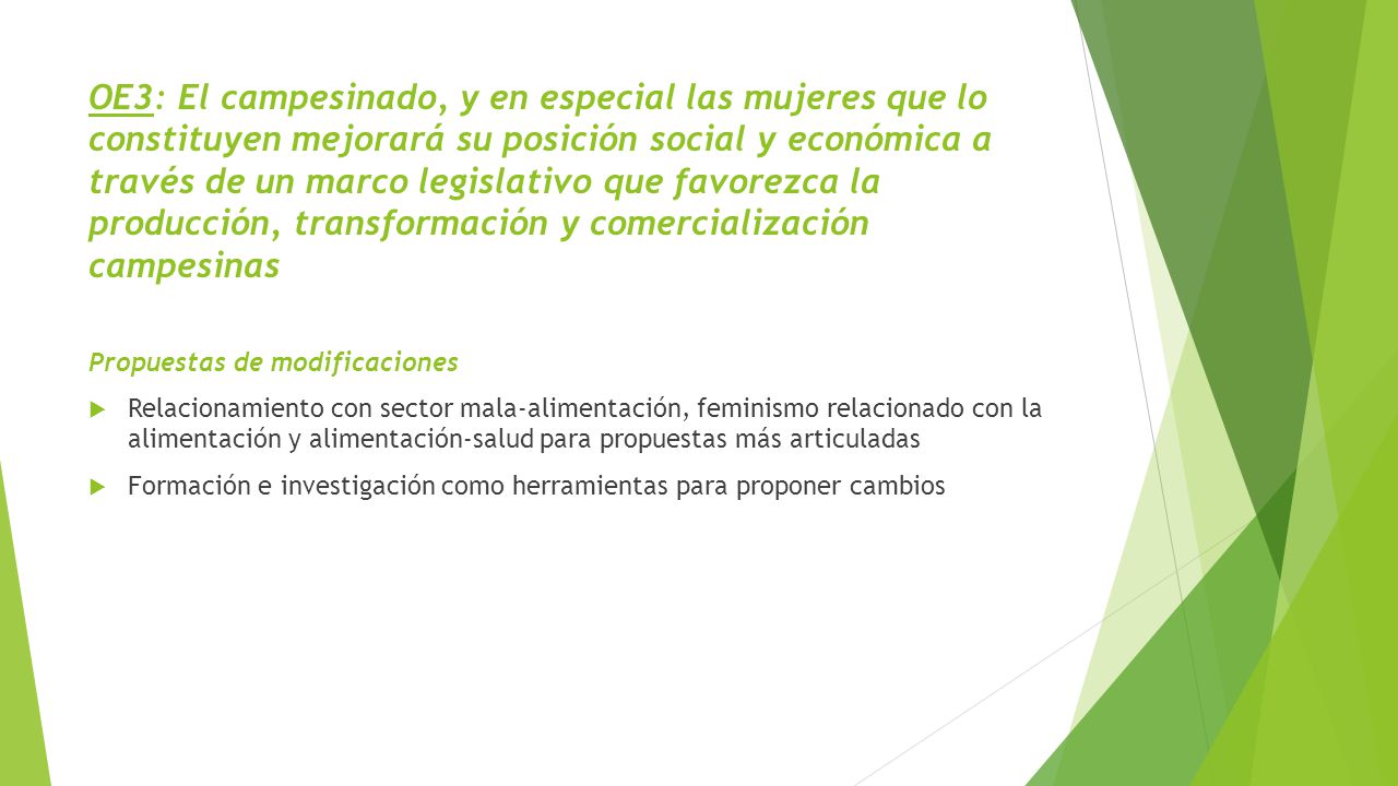 OE3: El campesinado, y en especial las mujeres que lo constituyen mejorará su posición social y económica a través de un marco legislativo que favorezca la producción, transformación y comercialización campesinas