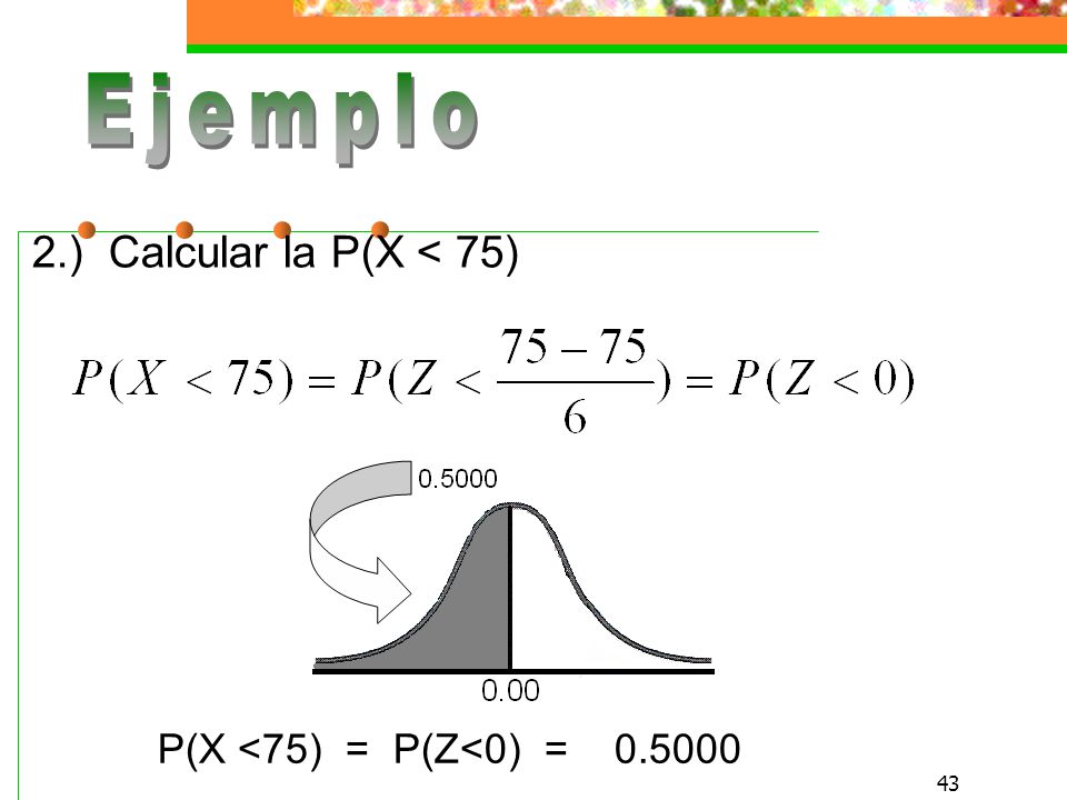 Ejemplo 2.) Calcular la P(X < 75) P(X <75) = P(Z<0) =
