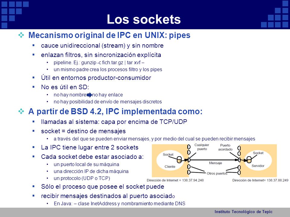 Los sockets Mecanismo original de IPC en UNIX: pipes