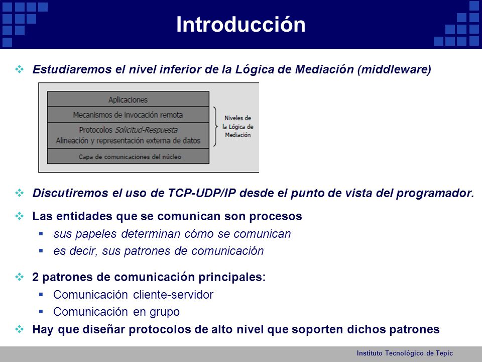 Introducción Estudiaremos el nivel inferior de la Lógica de Mediación (middleware)