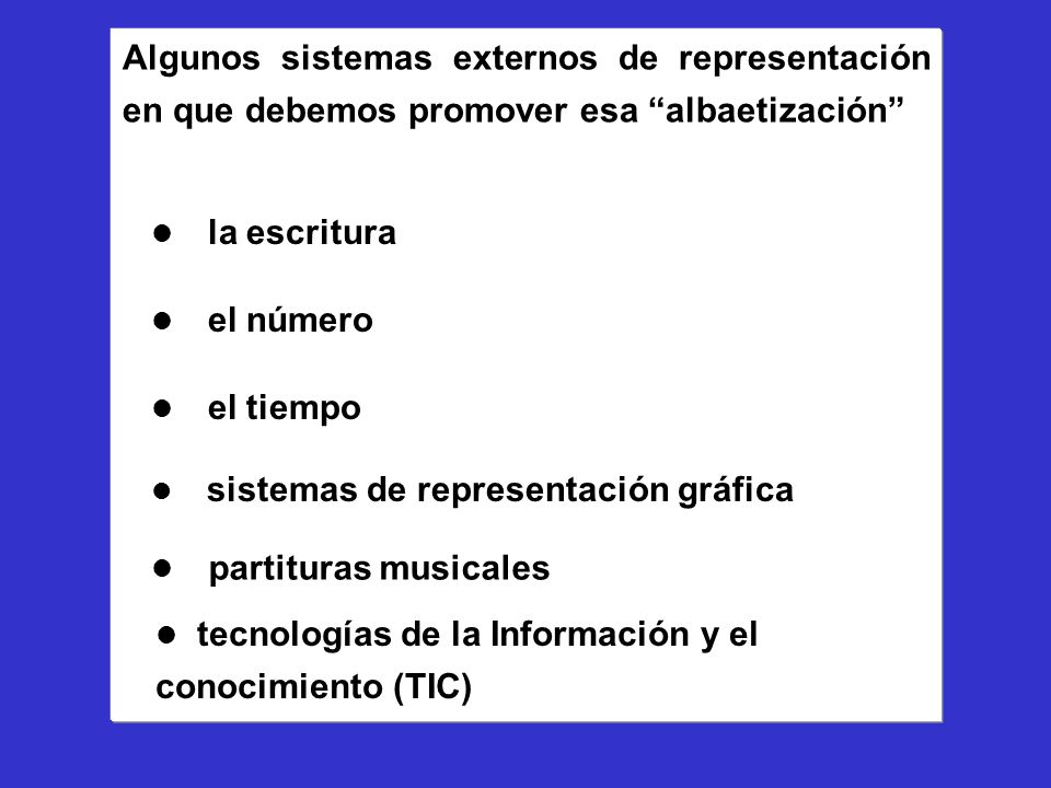 Algunos sistemas externos de representación en que debemos promover esa albaetización