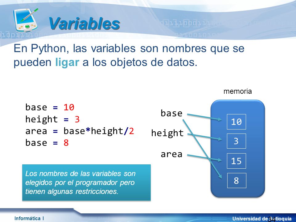 Variables En Python, las variables son nombres que se pueden ligar a los objetos de datos. memoria.