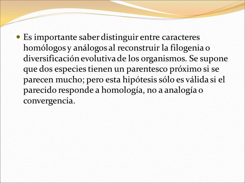Es importante saber distinguir entre caracteres homólogos y análogos al reconstruir la filogenia o diversificación evolutiva de los organismos.