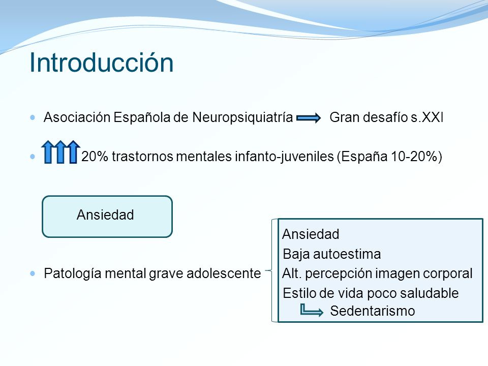Introducción Asociación Española de Neuropsiquiatría Gran desafío s.XXI. 20% trastornos mentales infanto-juveniles (España 10-20%)