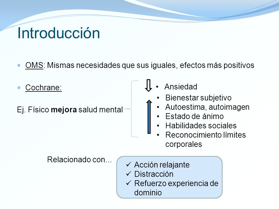 Introducción OMS: Mismas necesidades que sus iguales, efectos más positivos. Cochrane: Ej. Físico mejora salud mental.