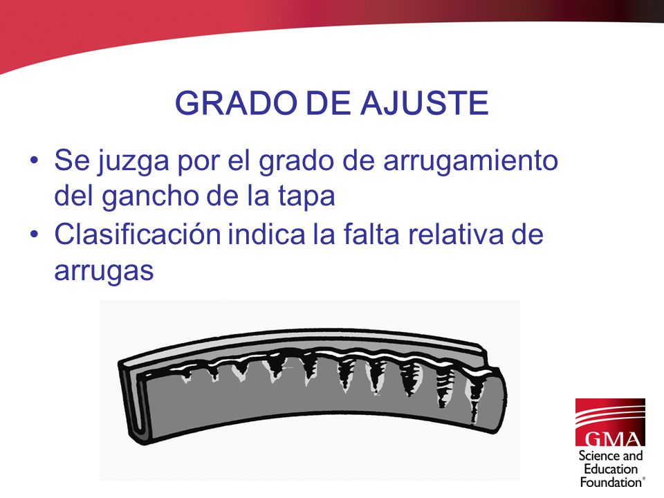 GRADO DE AJUSTE Se juzga por el grado de arrugamiento del gancho de la tapa.