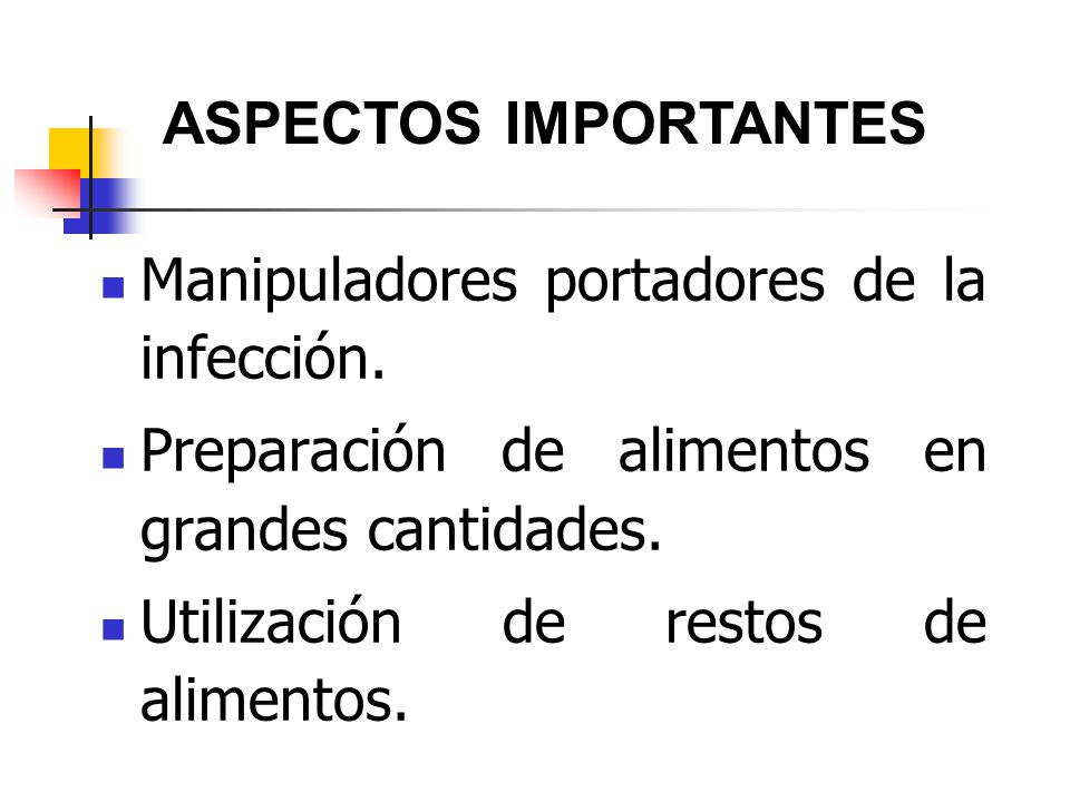 ASPECTOS IMPORTANTES Manipuladores portadores de la infección. Preparación de alimentos en grandes cantidades.
