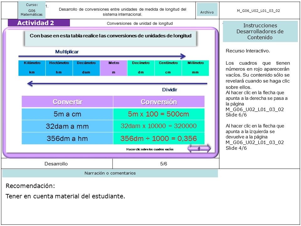 Convertir Conversión 5m a cm 5m x 100 = 500cm 32dam a mm 356dm a hm