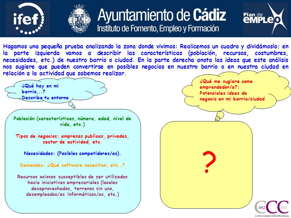 Hagamos una pequeña prueba analizando la zona donde vivimos: Realicemos un cuadro y dividámoslo; en la parte izquierda vamos a describir las características (población, recursos, costumbres, necesidades, etc.) de nuestro barrio o ciudad. En la parte derecha anota las ideas que este análisis nos sugiere que pueden convertirse en posibles negocios en nuestro barrio o en nuestra ciudad en relación a la actividad que sabemos realizar.