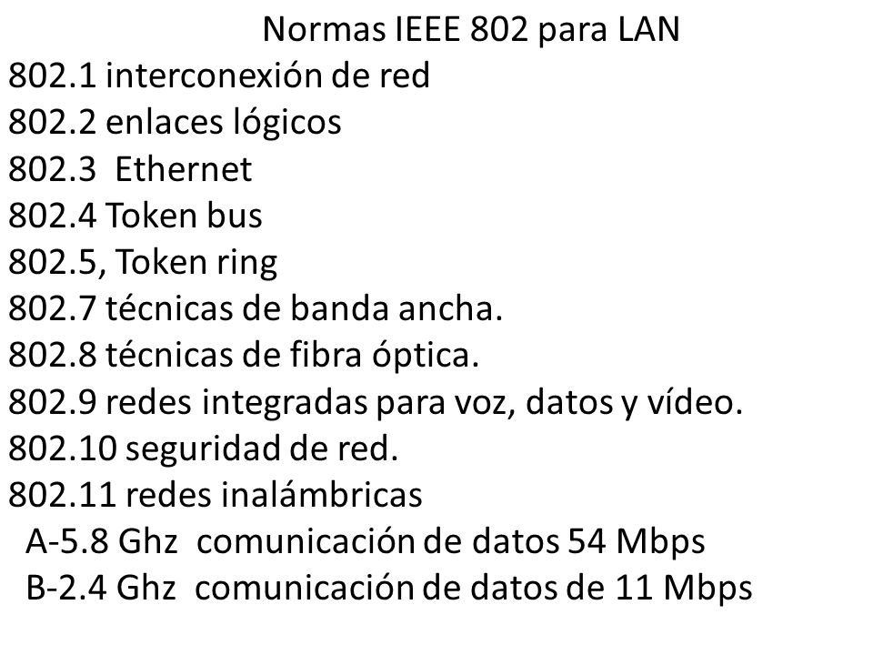 Normas IEEE 802 para LAN interconexión de red enlaces lógicos Ethernet Token bus.