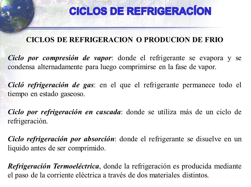 CICLOS DE REFRIGERACÍON CICLOS DE REFRIGERACION O PRODUCION DE FRIO