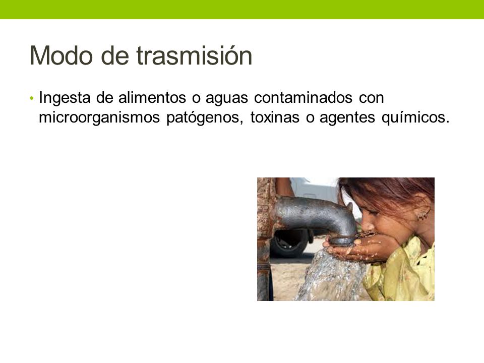 Modo de trasmisión Ingesta de alimentos o aguas contaminados con microorganismos patógenos, toxinas o agentes químicos.