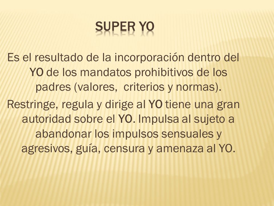SUPER YO Es el resultado de la incorporación dentro del YO de los mandatos prohibitivos de los padres (valores, criterios y normas).