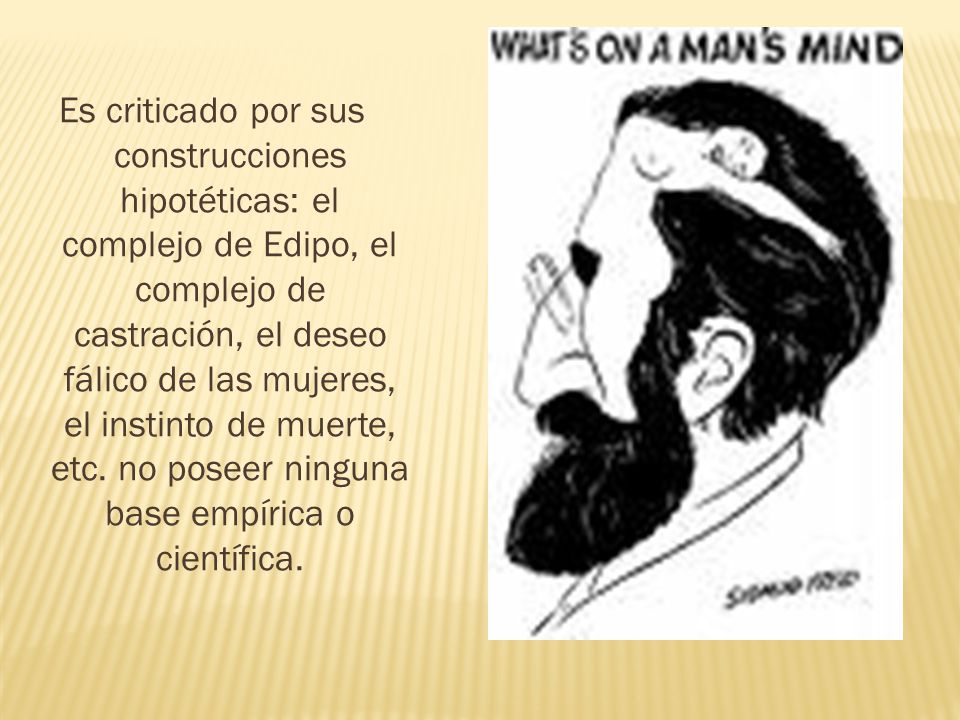 Es criticado por sus construcciones hipotéticas: el complejo de Edipo, el complejo de castración, el deseo fálico de las mujeres, el instinto de muerte, etc.