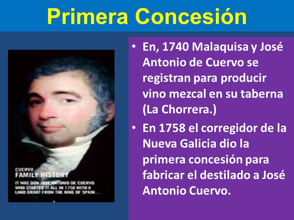 Primera Concesión En, 1740 Malaquisa y José Antonio de Cuervo se registran para producir vino mezcal en su taberna (La Chorrera.)