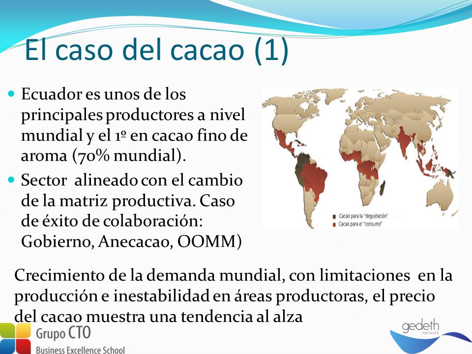 El caso del cacao (1) Ecuador es unos de los principales productores a nivel mundial y el 1º en cacao fino de aroma (70% mundial).