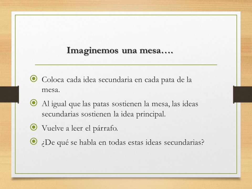 Imaginemos una mesa…. Coloca cada idea secundaria en cada pata de la mesa.