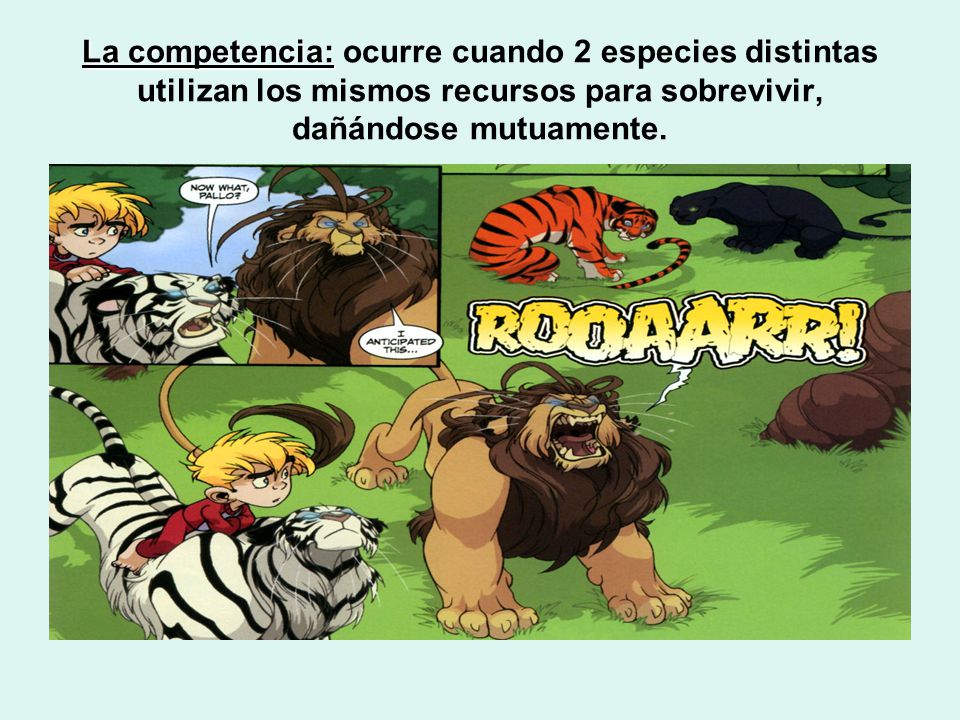 La competencia: ocurre cuando 2 especies distintas utilizan los mismos recursos para sobrevivir, dañándose mutuamente.