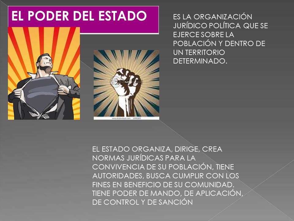EL PODER DEL ESTADO ES LA ORGANIZACIÓN JURÍDICO POLÍTICA QUE SE EJERCE SOBRE LA POBLACIÓN Y DENTRO DE UN TERRITORIO DETERMINADO.