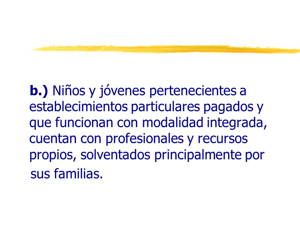 b.) Niños y jóvenes pertenecientes a establecimientos particulares pagados y que funcionan con modalidad integrada, cuentan con profesionales y recursos propios, solventados principalmente por