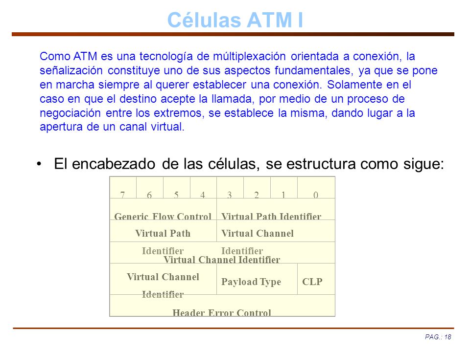 Células ATM I El encabezado de las células, se estructura como sigue: