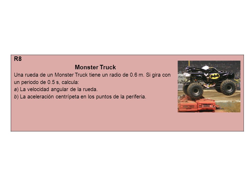 R8 Monster Truck. Una rueda de un Monster Truck tiene un radio de 0.6 m. Si gira con un periodo de 0.5 s, calcula: