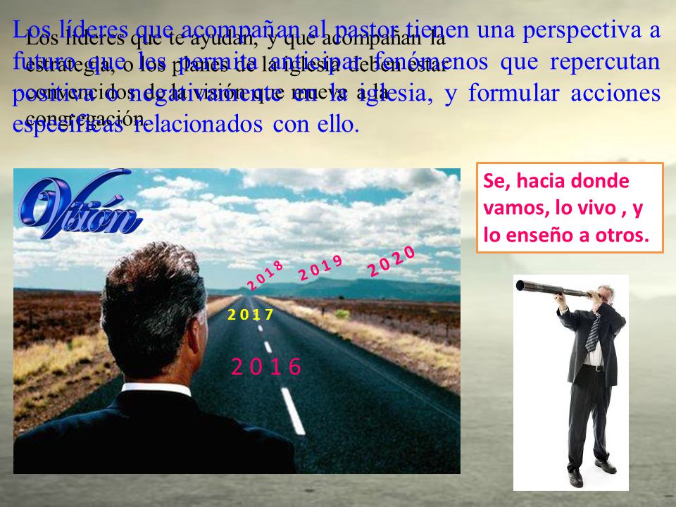 Los líderes que acompañan al pastor tienen una perspectiva a futuro que les permita anticipar fenómenos que repercutan positiva o negativamente en la iglesia, y formular acciones especificas relacionados con ello.