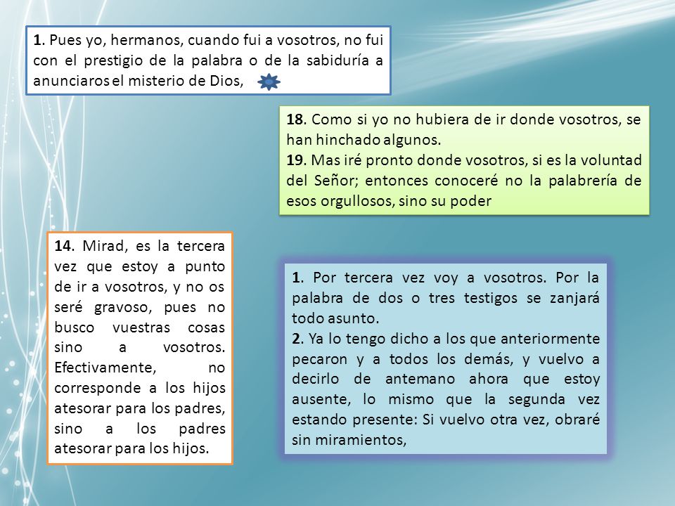 1. Pues yo, hermanos, cuando fui a vosotros, no fui con el prestigio de la palabra o de la sabiduría a anunciaros el misterio de Dios,