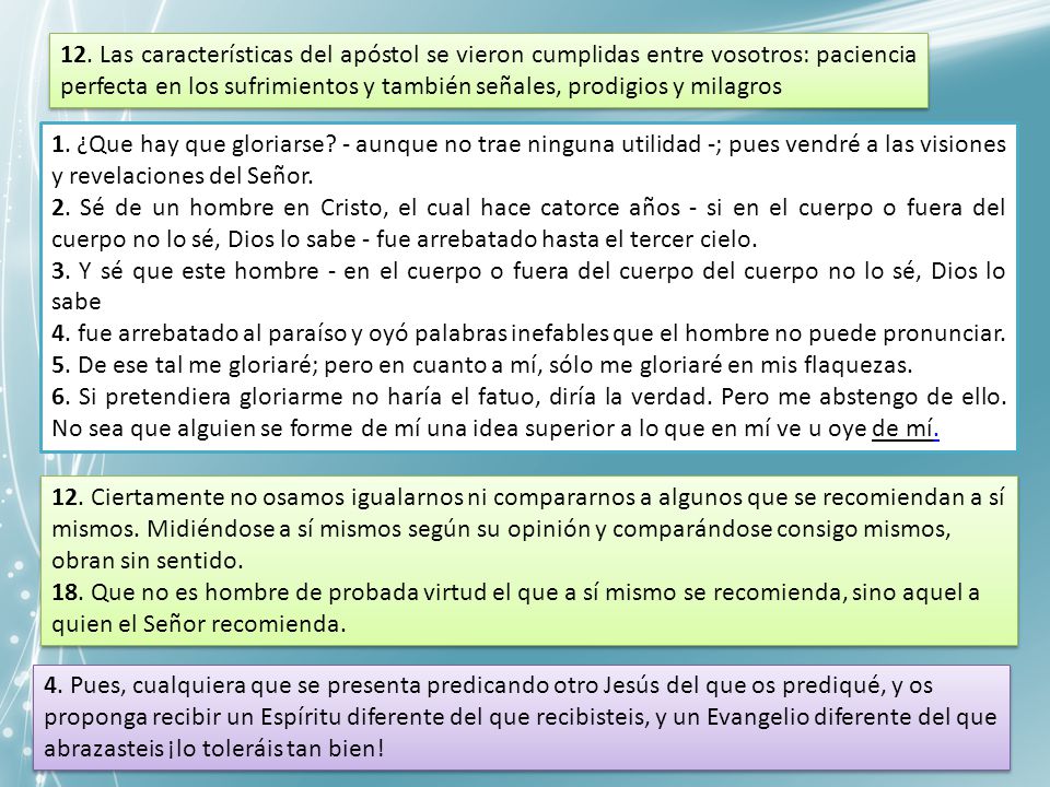 12. Las características del apóstol se vieron cumplidas entre vosotros: paciencia perfecta en los sufrimientos y también señales, prodigios y milagros