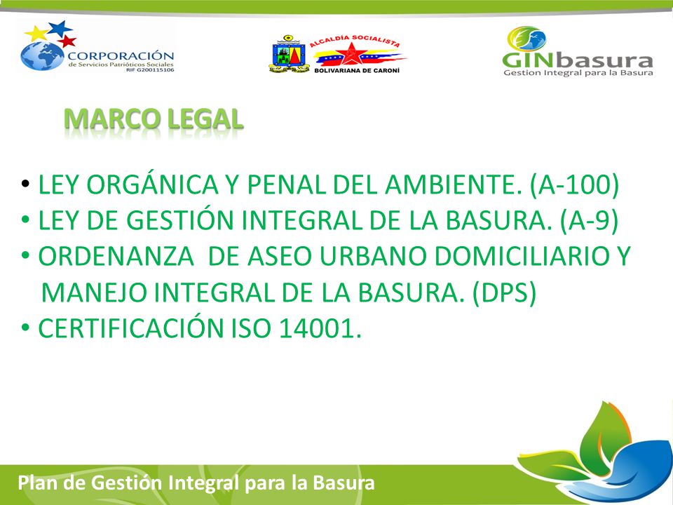 MARCO Legal LEY ORGÁNICA Y PENAL DEL AMBIENTE. (A-100) LEY DE GESTIÓN INTEGRAL DE LA BASURA. (A-9)