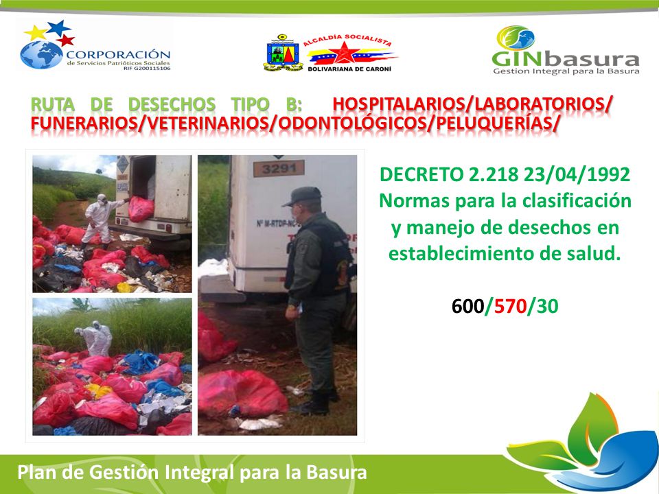 Ruta de DESECHOS TIPO B: Hospitalarios/laboratorios/ funerarios/veterinarios/odontológicos/peluquerías/