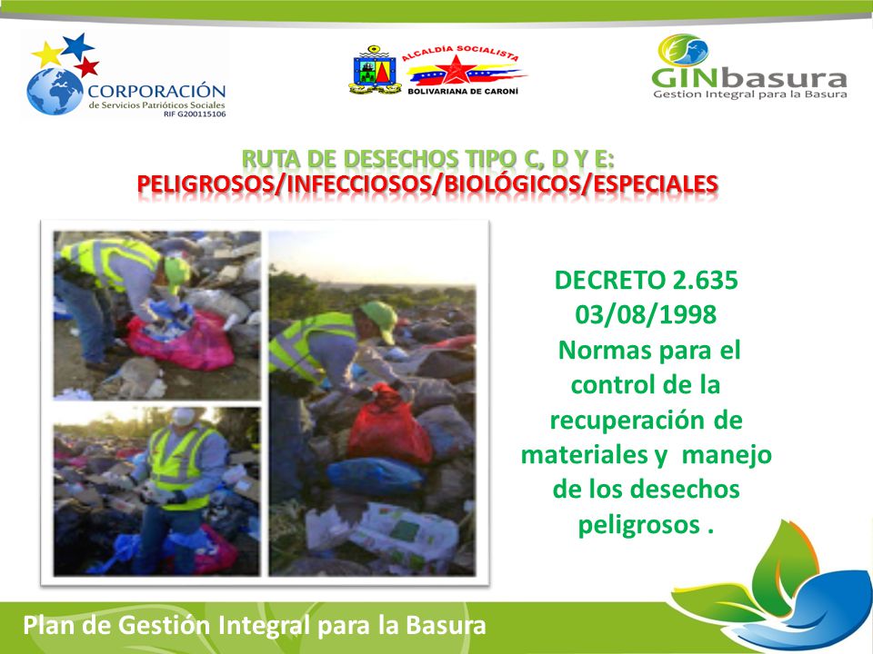 Ruta de DESECHOS TIPO C, D Y E: PELIGROSOS/infecciosos/biológicos/especiales