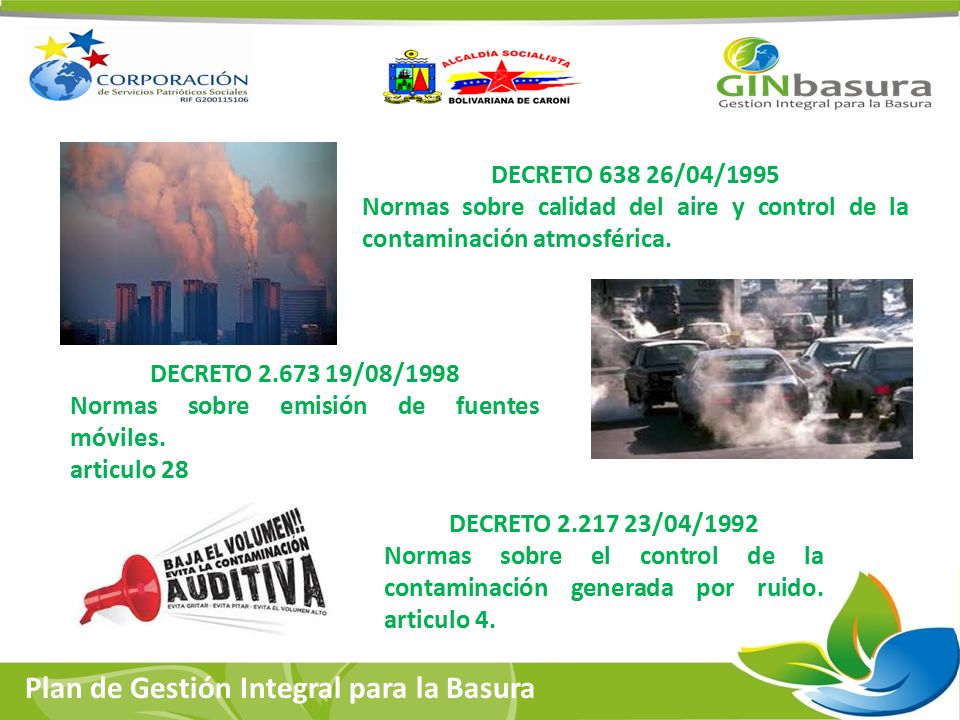 DECRETO /04/1995 Normas sobre calidad del aire y control de la contaminación atmosférica. DECRETO /08/1998.
