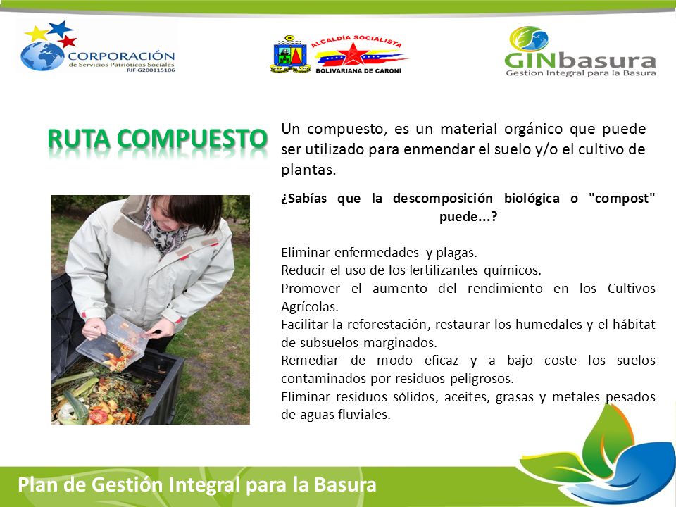 Ruta COMPUESTO Un compuesto, es un material orgánico que puede ser utilizado para enmendar el suelo y/o el cultivo de plantas.