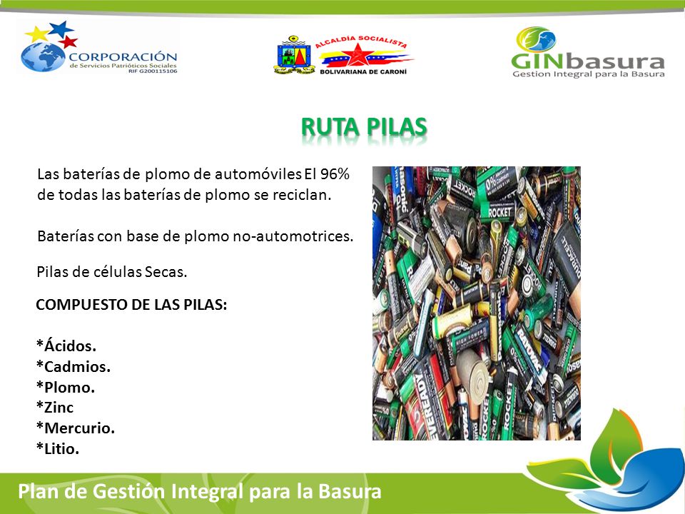 RUTA PILAS Las baterías de plomo de automóviles El 96% de todas las baterías de plomo se reciclan. Baterías con base de plomo no-automotrices.
